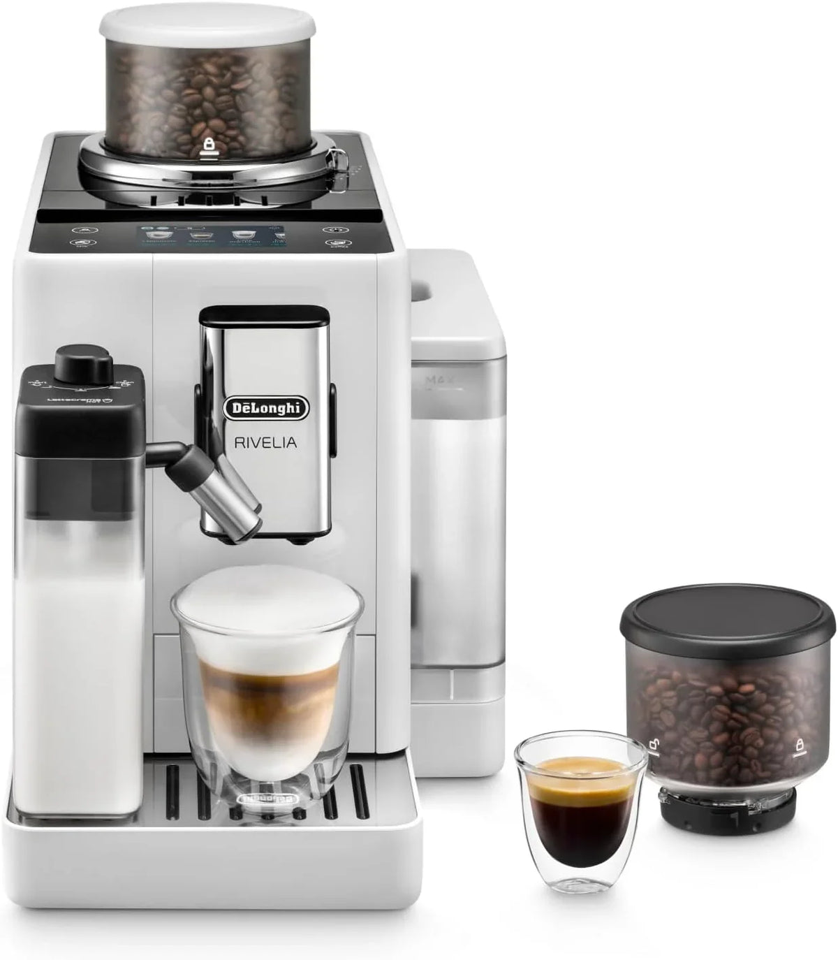 De'Longhi Rivelia EXAM440.55.G, Ekspres automatyczny z LatteCrema Hot, Automatyczny spieniacz do mleka, Kompaktowy rozmiar, 16 przepisów, Kolorowy ekran dotykowy, Szary