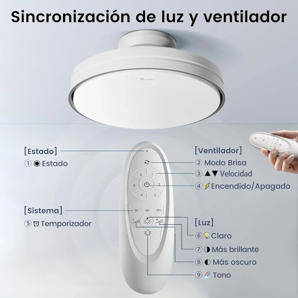 Cichy Wentylator Sufitowy Bezłopatkowy z Możliwością Przyciemniania Światła 60W, Silnik DC 30W, Światło CCT 3000-5700K, Lampa LED, Zdalne Sterowanie 6 Prędkościami, Timer, Funkcja Pamięci, Odpowiedni do Salonu Sypialni