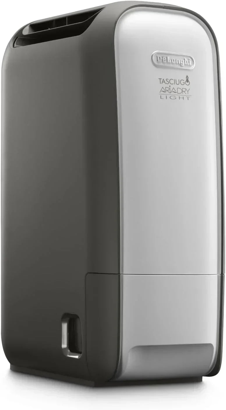 De'Longhi Tasciugo AriaDry Light – Przenośny osuszacz powietrza z technologią Zeolite i jonizatorem, usuwa do 6 l/dzień, do suszenia ubrań, zapobiega pleśni, cichy, funkcja Swing i Timer, szary (DNS65)