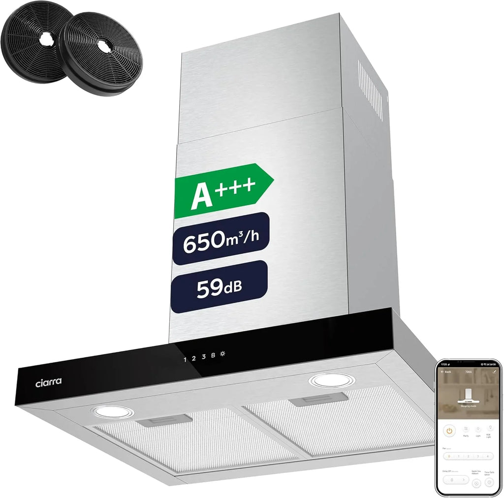 Ciarra CBCS6102 Okap Kuchenny 60cm 650 m³/h - Sterowanie Dotykowe i Wi-Fi - 4 Prędkości - Odsysanie Zewnętrzne i Recyrkulacja Wewnętrzna przez Filtr Węglowy CBCF003 - Stal Nierdzewna