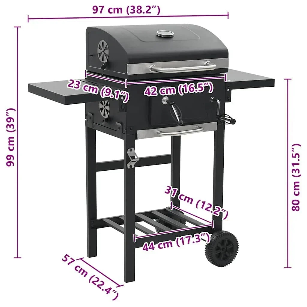 Czarny grill na węgiel drzewny Vidaxl z dolną półką