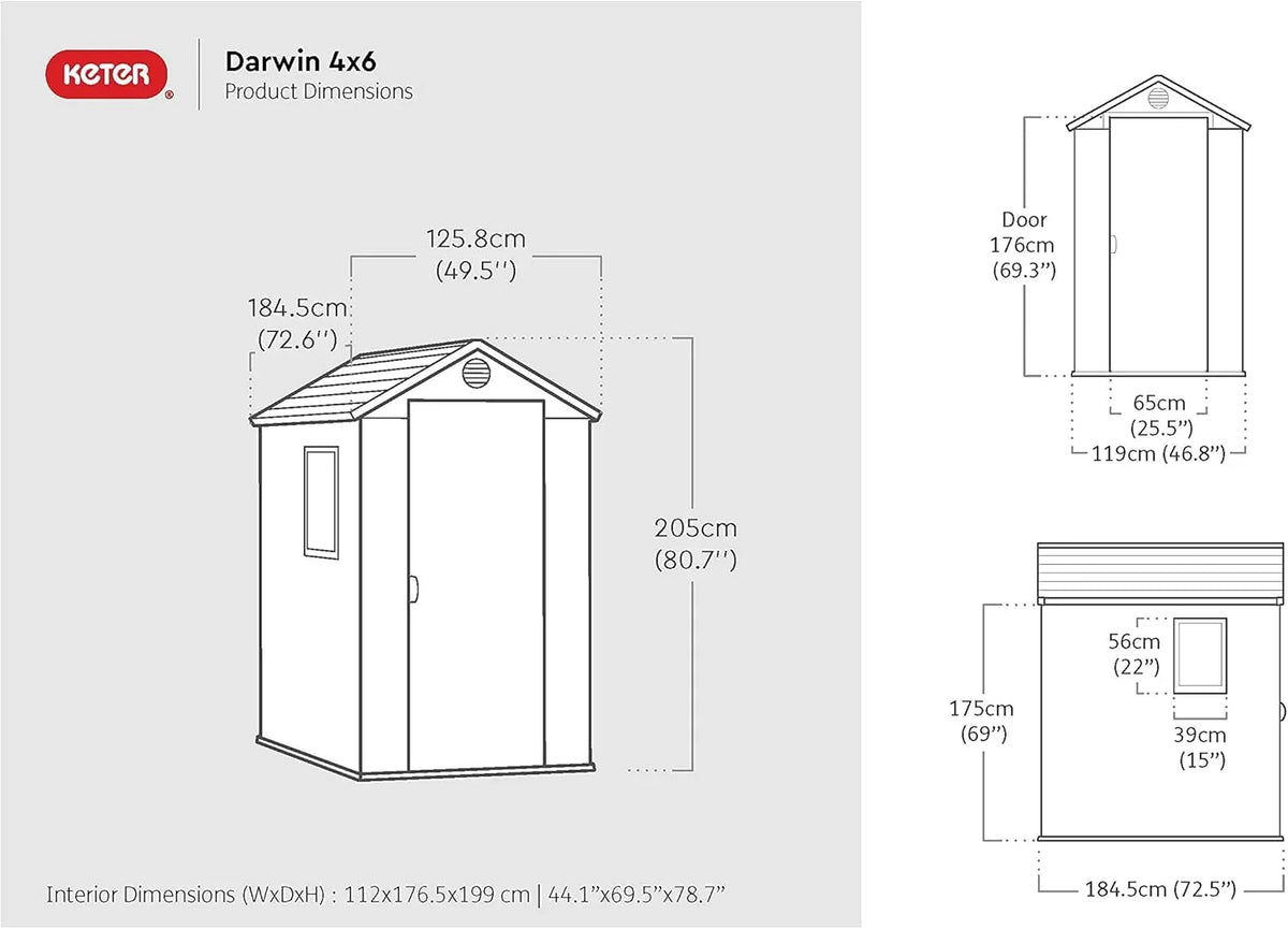 KETER Darwin 4x6 Domek narzędziowy, 125.8 x 184.5 x 205 cm i 2.2 m2, Podłoga, System wentylacji, Drzwi i okno, Wodoodporny, Kolor szary