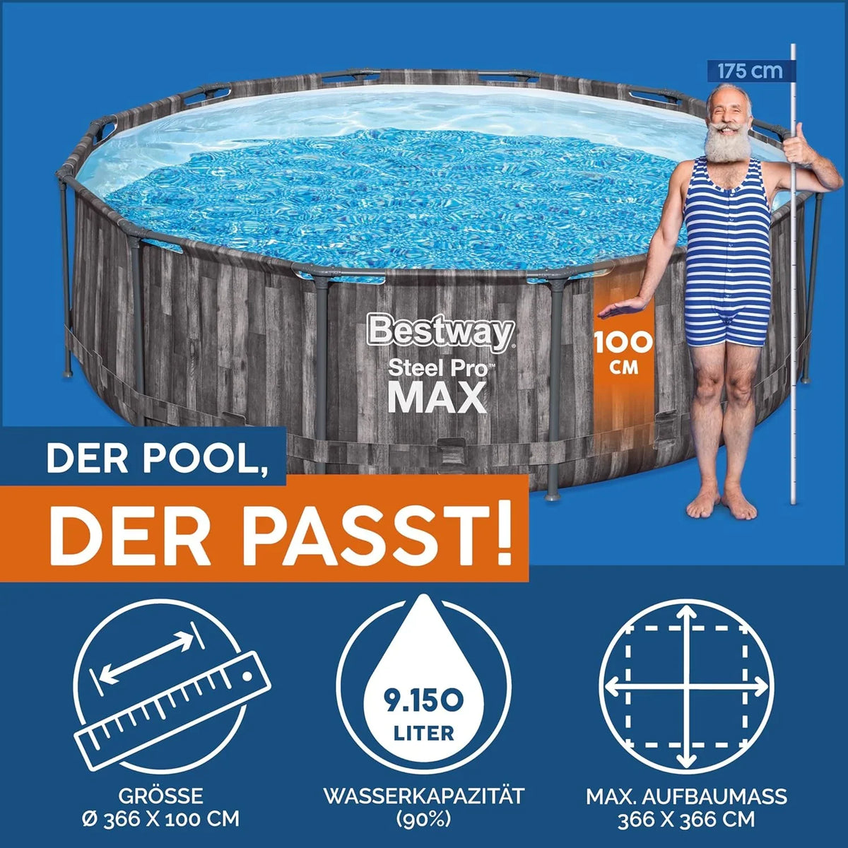 Bestway Steel Pro MAX Frame - Okrągły basen (366 x 100 cm, z pompą filtrującą, efekt drewna)