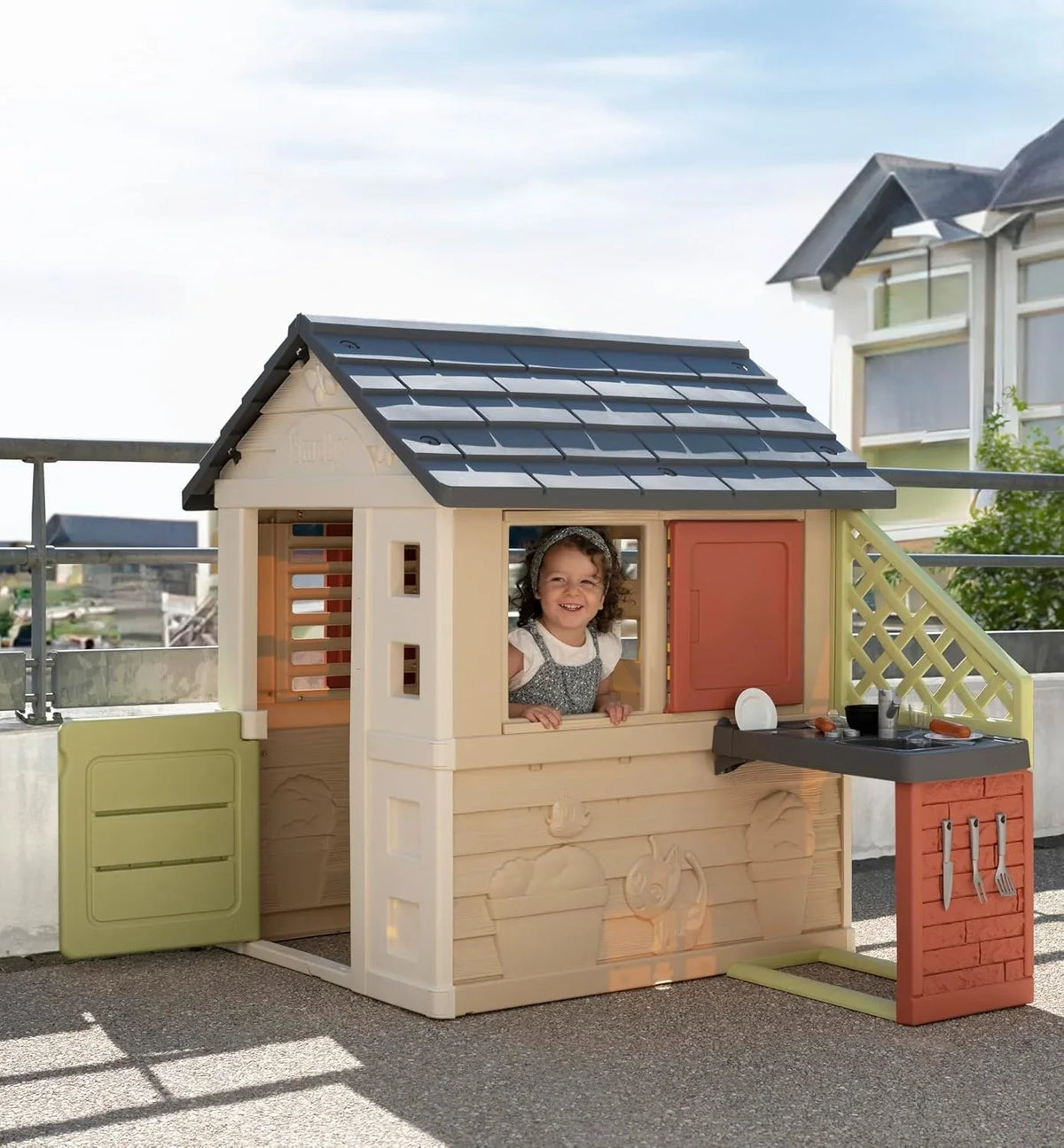 Smoby Life Casa Nature z kuchnią - Domek dla dzieci do użytku wewnątrz i na zewnątrz - Odporny na promienie UV materiał z recyklingu - Od 2 lat - W zestawie kuchnia i akcesoria - (7600810739)