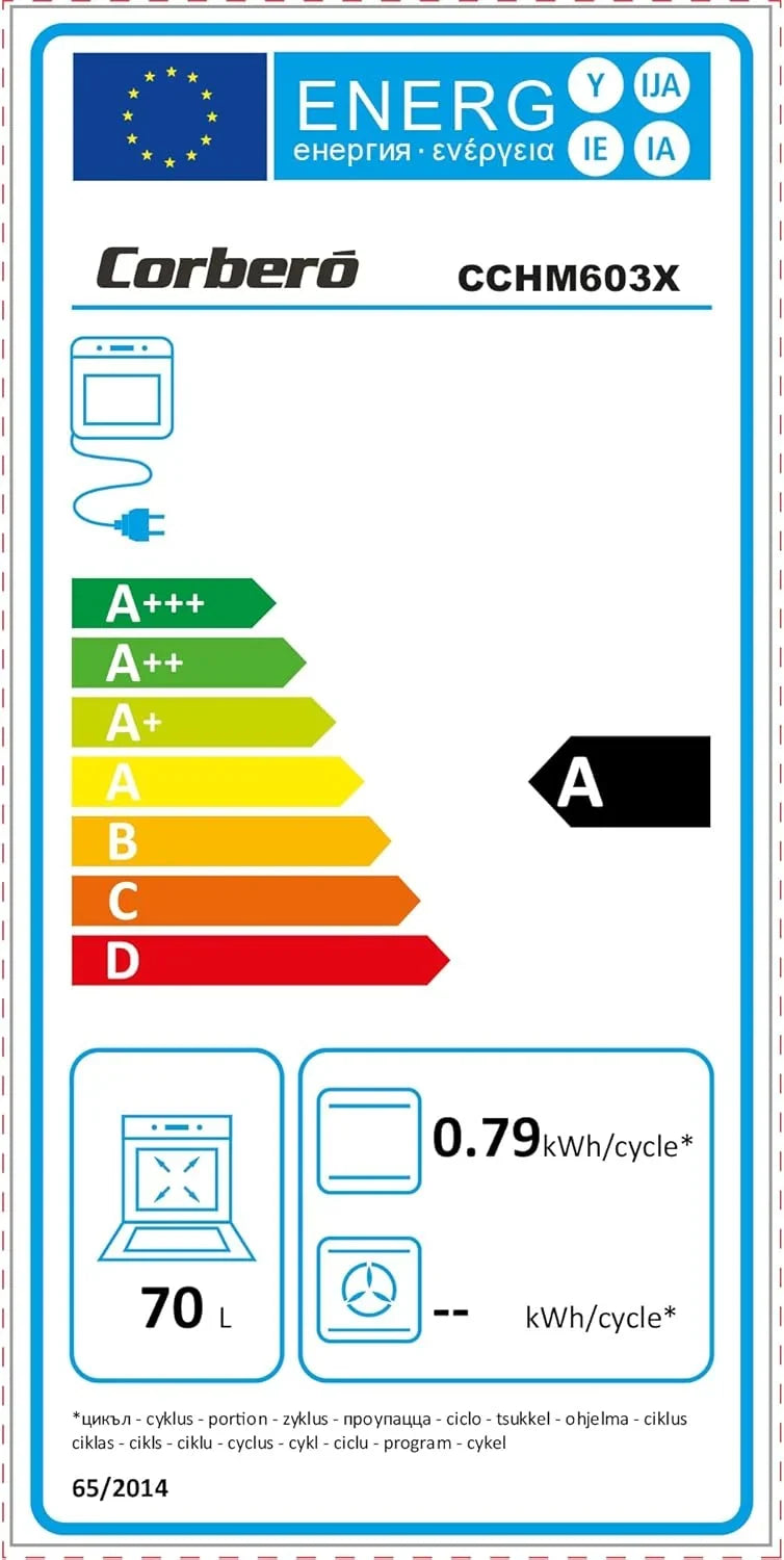 Corberó — Piekarnik konwekcyjny 70L | CCHM603X | 60x60x58 cm | Konwencjonalny z 4 Programami | Oświetlenie wewnętrzne | Czyszczenie hydrolityczne | Drzwi z podwójnego szkła | 2100W | Czarny profil ze stali nierdzewnej