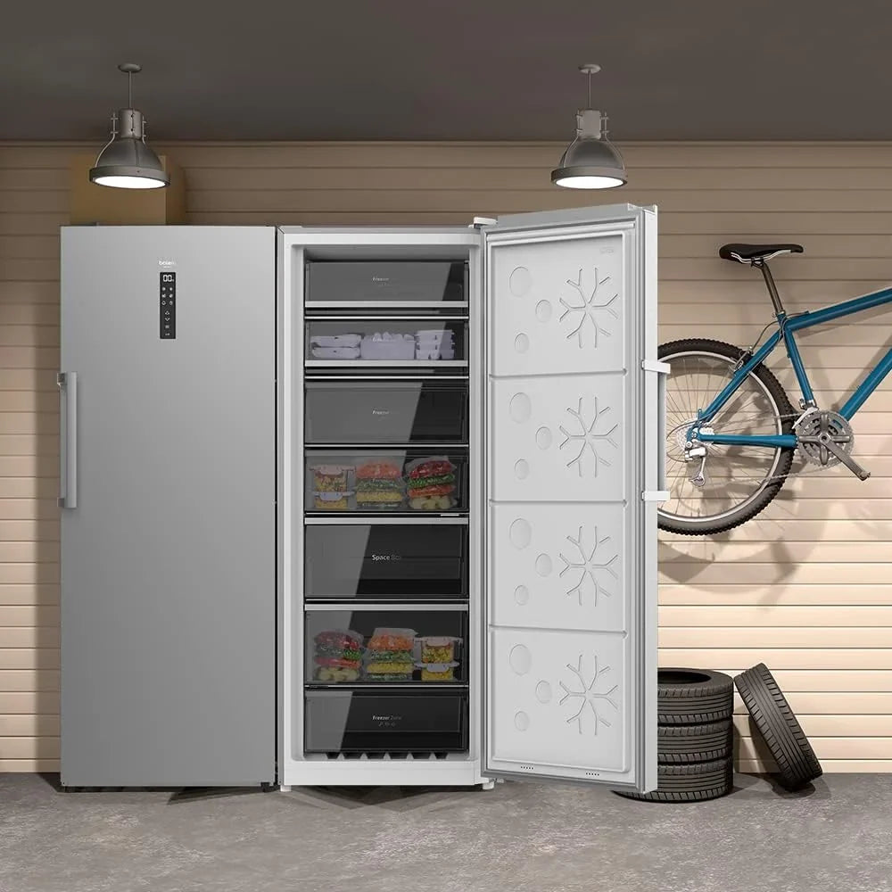 Cecotec Zamrażarka Pionowa 380L Bolero CoolMarket UF 380 Inox. Silnik Inverter Plus, Oszczędność Energii, Total No Frost, Wyświetlacz Sterowania, Możliwość Konwersji na Lodówkę, Stal Nierdzewna