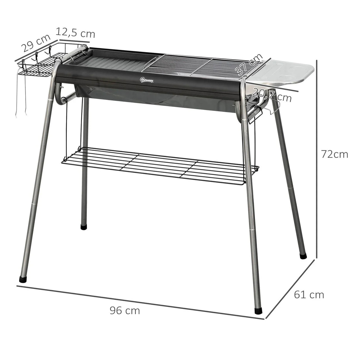 Grill Węglowy Outsunny, Stal Nierdzewna, Metal, 96x61x72 cm, Czarny