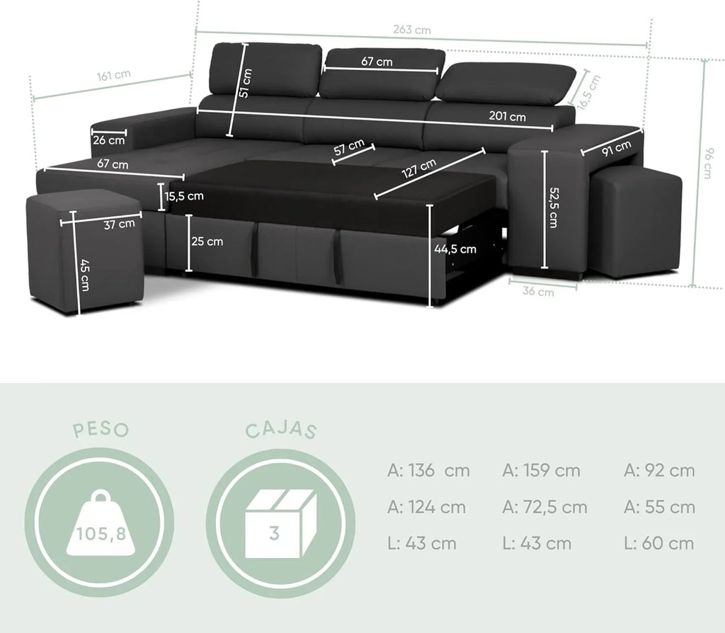 BUDWING John Narożna Sofa Rozkładana 4-osobowa - Odwracalny Szezlong, Regulowany Zagłówek i 2 Pufy – Tapicerka Poliuretanowa – Styl Nowoczesny – 263x161x96 cm – Czarna