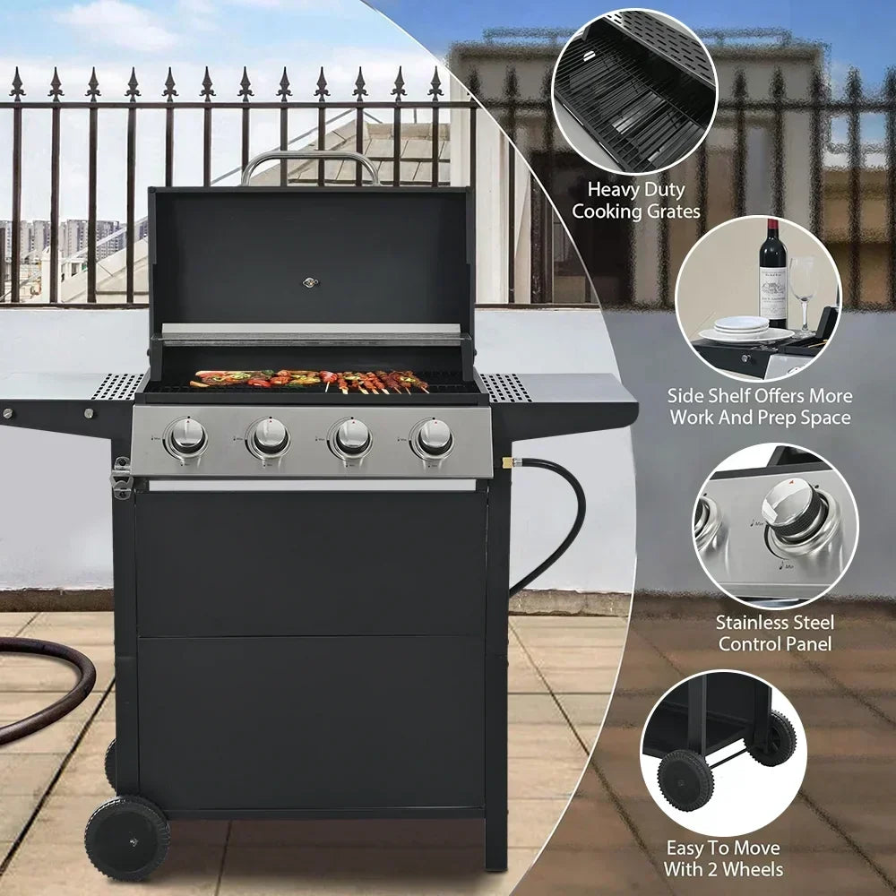 Grill gazowy SEGMART 4-palnikowy ze stali nierdzewnej 2026 – 34 200 BTU, grill ogrodowy/patio z dwoma składanymi półkami i termometrem, idealny na kemping i do gotowania na świeżym powietrzu