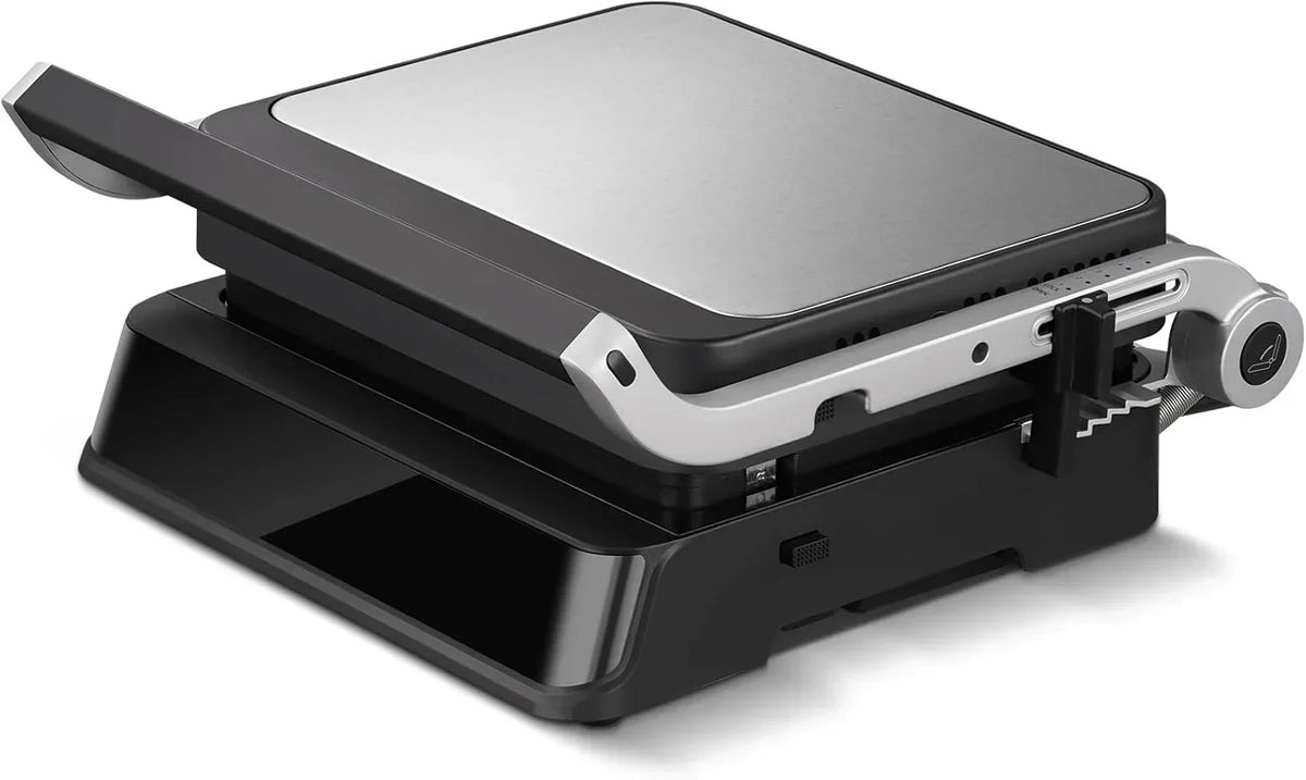 AMZCHEF Grill Elektryczny z 6 Programami, Funkcja Smażenia w Temp. do 280°C, Tryb Manualny, Czujnik Temperatury, Wyjmowane Płyty i Tacka na Gofry, Idealny do Mięsa, Ryb, Panini i Gofrów