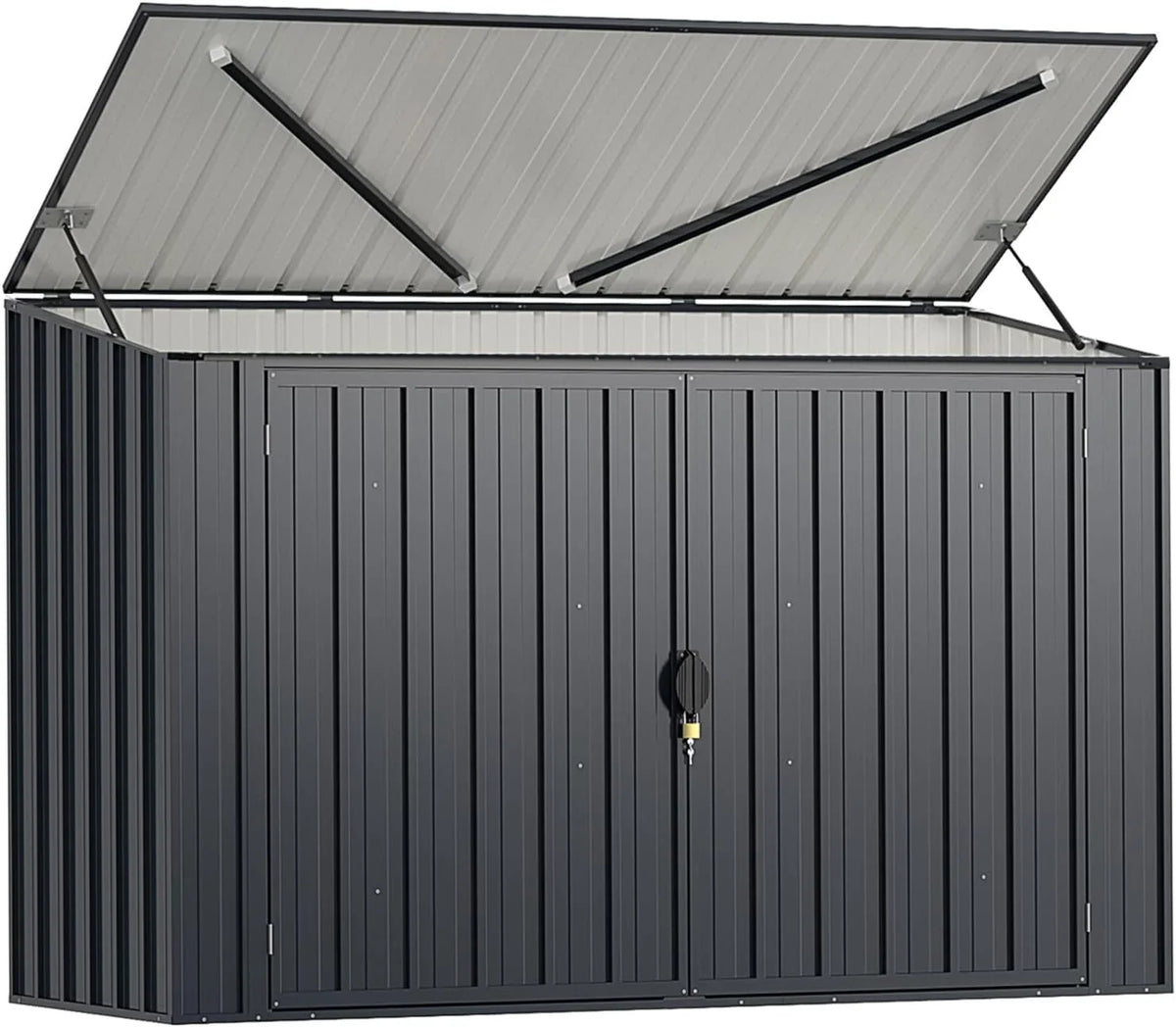 GOPLUS 1,9 m³ Metalowy Domek Ogrodowy z Blachy Ocynkowanej, 193 x 86 x 127 cm, Zewnętrzna Szopa z Podwójnymi Drzwiami z Zamkami, Podnośnik Hydrauliczny, Schowek na Narzędzia, Rowery, Kosze na Śmieci