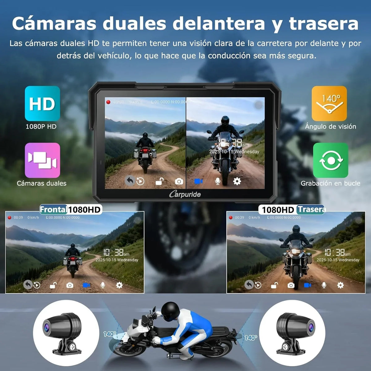 Caruride W702 Plus Android 14 Motocyklowy Wyświetlacz Carplay z Podwójną Kamerą, Bezprzewodowy CarPlay i Android Auto, 7-calowy Wodoodporny Ekran Dotykowy, Dźwięk BT, Nagrywanie w Pętli, Nawigacja Online i Offline.