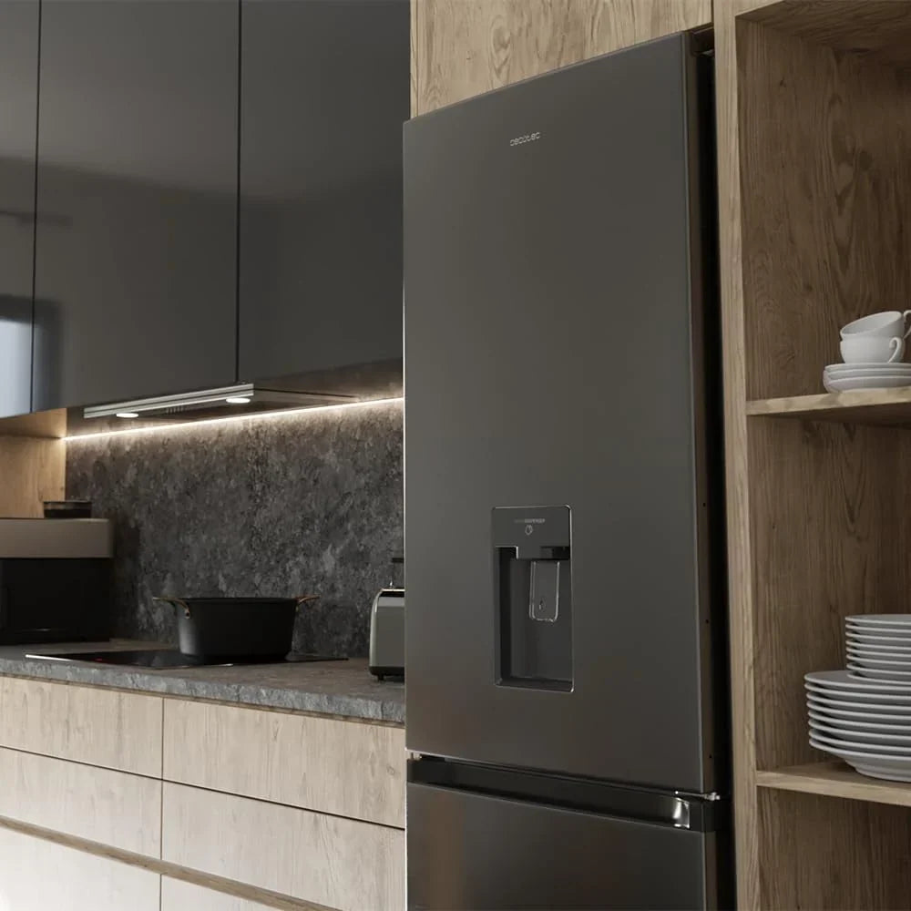 Lodówka Cecotec Combi 2 Drzwiowa z dystrybutorem wody Bolero CoolMarket Combi 296 DF WD Dark E. 296L, 60cm szerokości, funkcje FastCooling, FastFreezing i DeFrost, oświetlenie LED, Dark Inox
