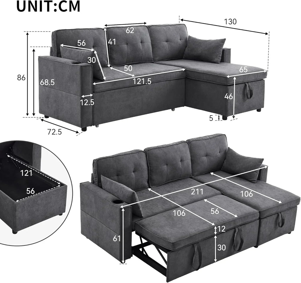 Trzyosobowa rozkładana sofa z uchwytami na kubki i boczną torbą na poręcz, sofa w kształcie litery L, z możliwością zmiany układu na prawą i lewą stronę, kolor szary