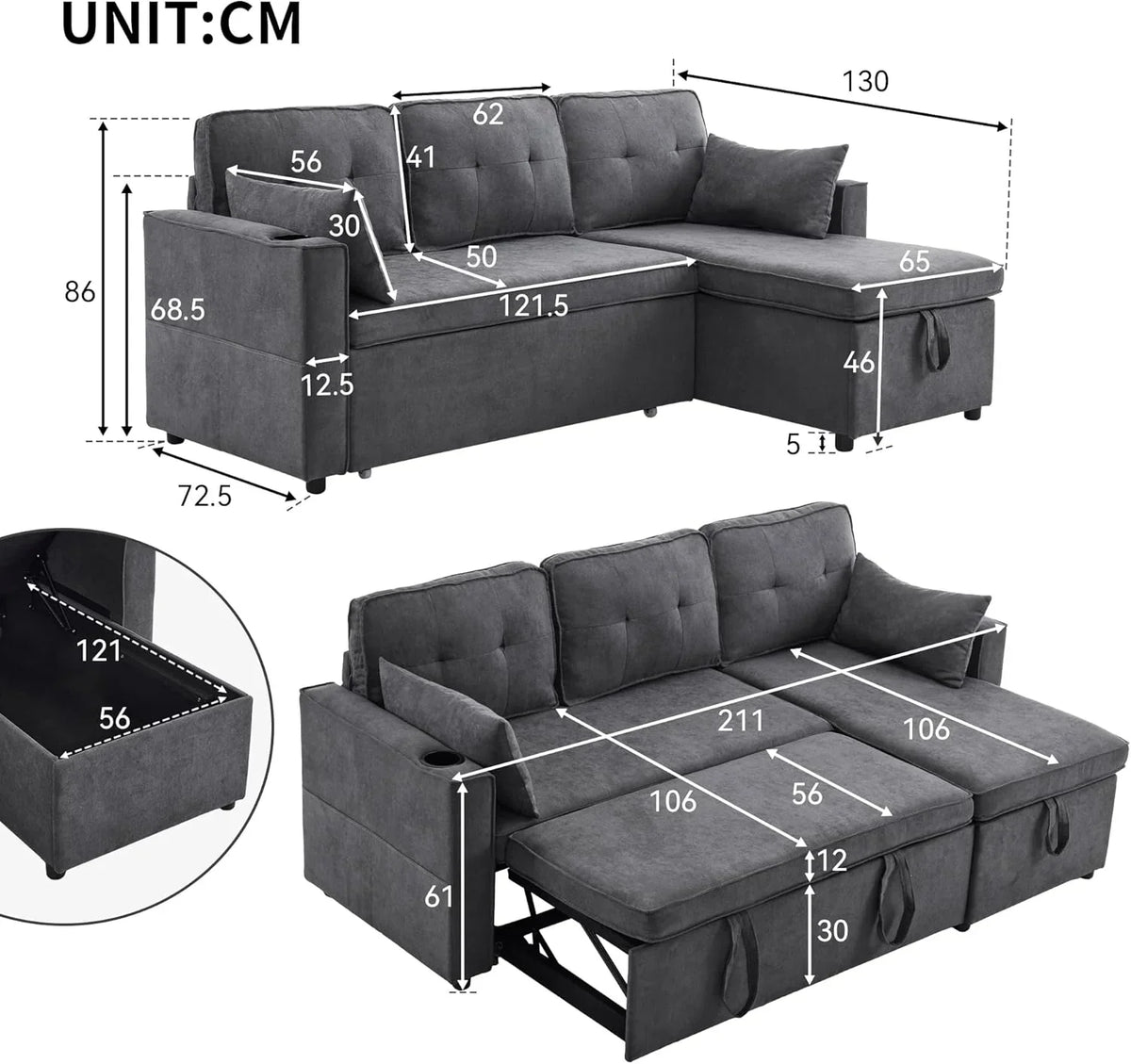 Trzyosobowa rozkładana sofa z uchwytami na kubki i boczną torbą na poręcz, sofa w kształcie litery L, z możliwością zmiany układu na prawą i lewą stronę, kolor szary
