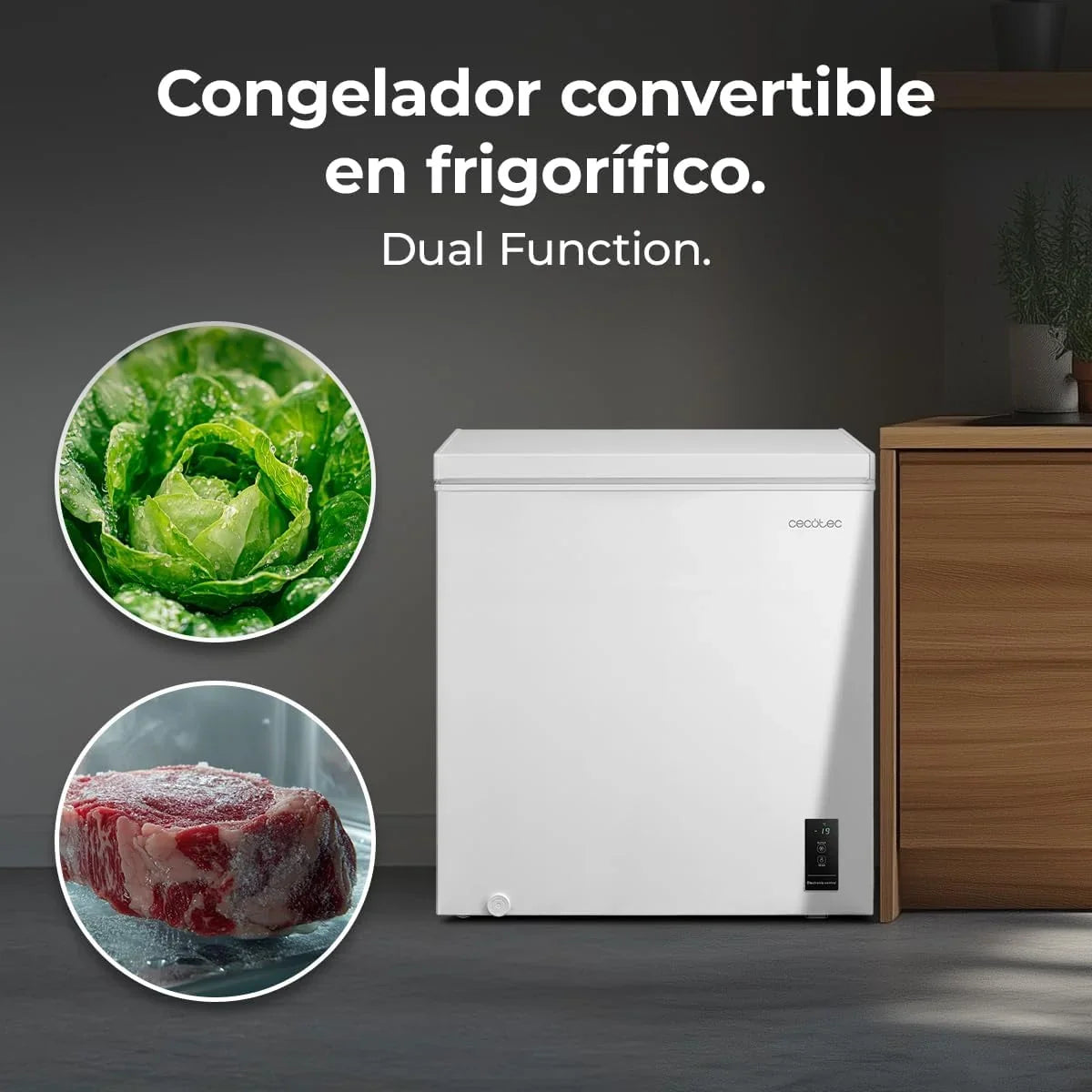 Cecotec Congelador Poziomy 198L Bolero CoolMarket Chest 198P White E. Kosz z Uchwytami, Elektroniczne Sterowanie LED, UltraContact D-Cool, Podwójna Funkcja, Drzwi ZeroG (80º-30º), Szybkie Zamrażanie, Kompaktowy