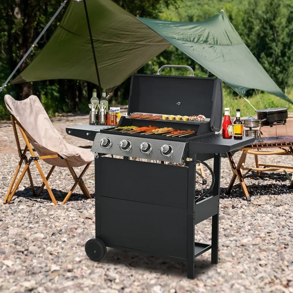 2026 Grill gazowy SEGMART 4-palnikowy ze stali nierdzewnej – 34 200 BTU, grill do ogrodu/na patio z dwoma składanymi półkami i termometrem, idealny na kemping i do gotowania na świeżym powietrzu