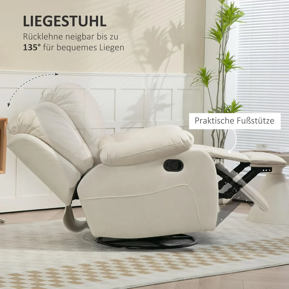 HOMCOM fotel rozkładany 135°, obrotowy fotel TV z podnóżkiem do sypialni w salonie, ładowność do 150 kg poliester zielony
