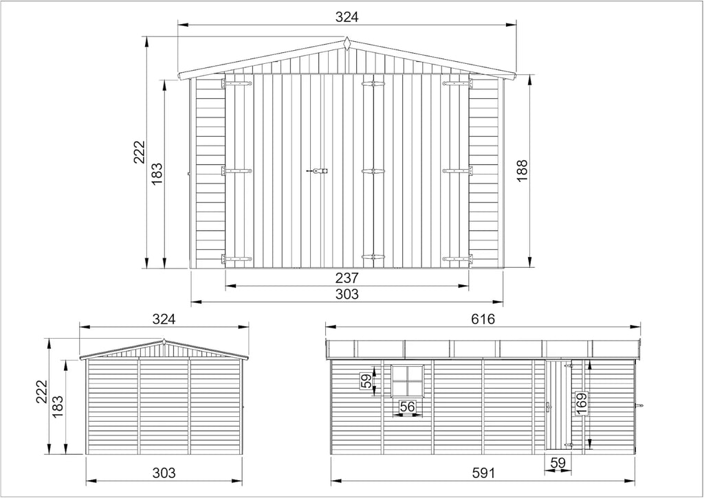 Garaż drewniany naturalny - szopa z drewna sosnowego/świerkowego - A222x616x324 cm / 18 m² - Konstrukcja panelowa - Warsztat ogrodowy - Garaż samochodowy, szopa na narzędzia - TIMBELA M102