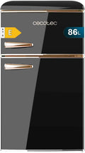 Cecotec Mała Lodówka z Zamrażarką 2 Drzwi Retro 86L Bolero CoolMarket 2D Origin 86 Black E. 89,3cm Wysokości i 48,7cm Szerokości, Klasa Energetyczna E, Komora Mrożąca, Oświetlenie Wewnętrzne i Chromowany Uchwyt, Czarna