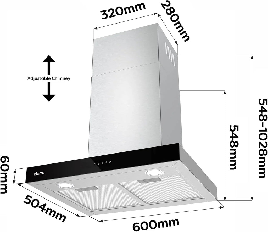 Ciarra CBCS6102 Okap Kuchenny 60cm 650 m³/h - Sterowanie Dotykowe i Wi-Fi - 4 Prędkości - Odsysanie Zewnętrzne i Recyrkulacja Wewnętrzna przez Filtr Węglowy CBCF003 - Stal Nierdzewna