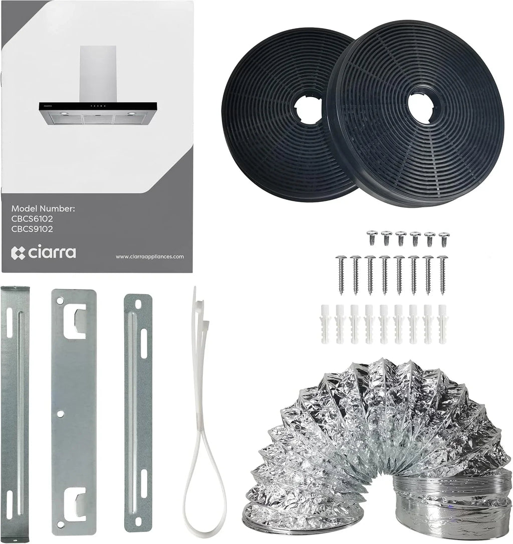 CIARRA CBCS9102 Okap Kuchenny 90 cm Klasa A+++ 650 m³/h Sterowanie WIFI Dotykowe 4 Prędkości Wyrzut Zewnętrzny i Recyrkulacja Wewnętrzna przez Filtr Węglowy CBCF003