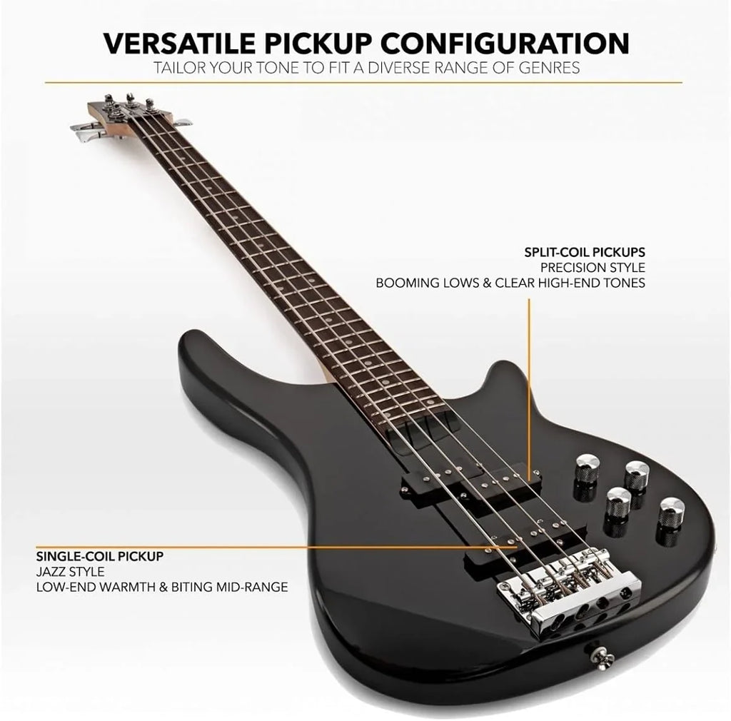 Gitara Basowa Elektryczna Chicago By Gear4music Z Wzmacniaczem 15 W, 4-strunowa, Czarna