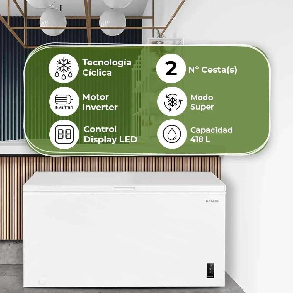 Aspes Congelador Horizontal Blanco ACHH4500EDC. Pojemność 418 litrów, Dual Cooling, 2 kosze, Niski Poziom Hałasu, Klasa Efektywności Energetycznej E