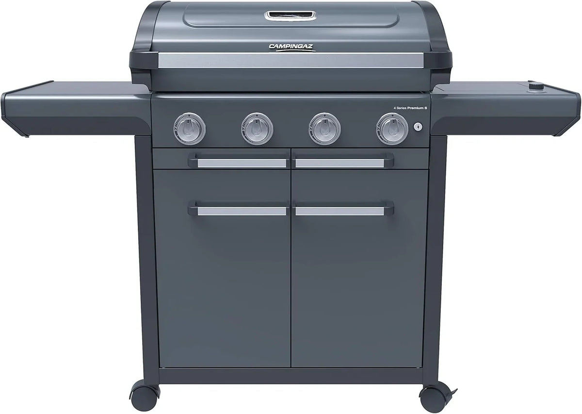 Campingaz Grill gazowy Seria 4 Premium S, grill gazowy z 4 palnikami ze stali nierdzewnej o mocy 13,6 kW, 1 palnik boczny, pokrywa, termometr, InstaClean Aqua, modułowy system kulinarny, kuchenka
