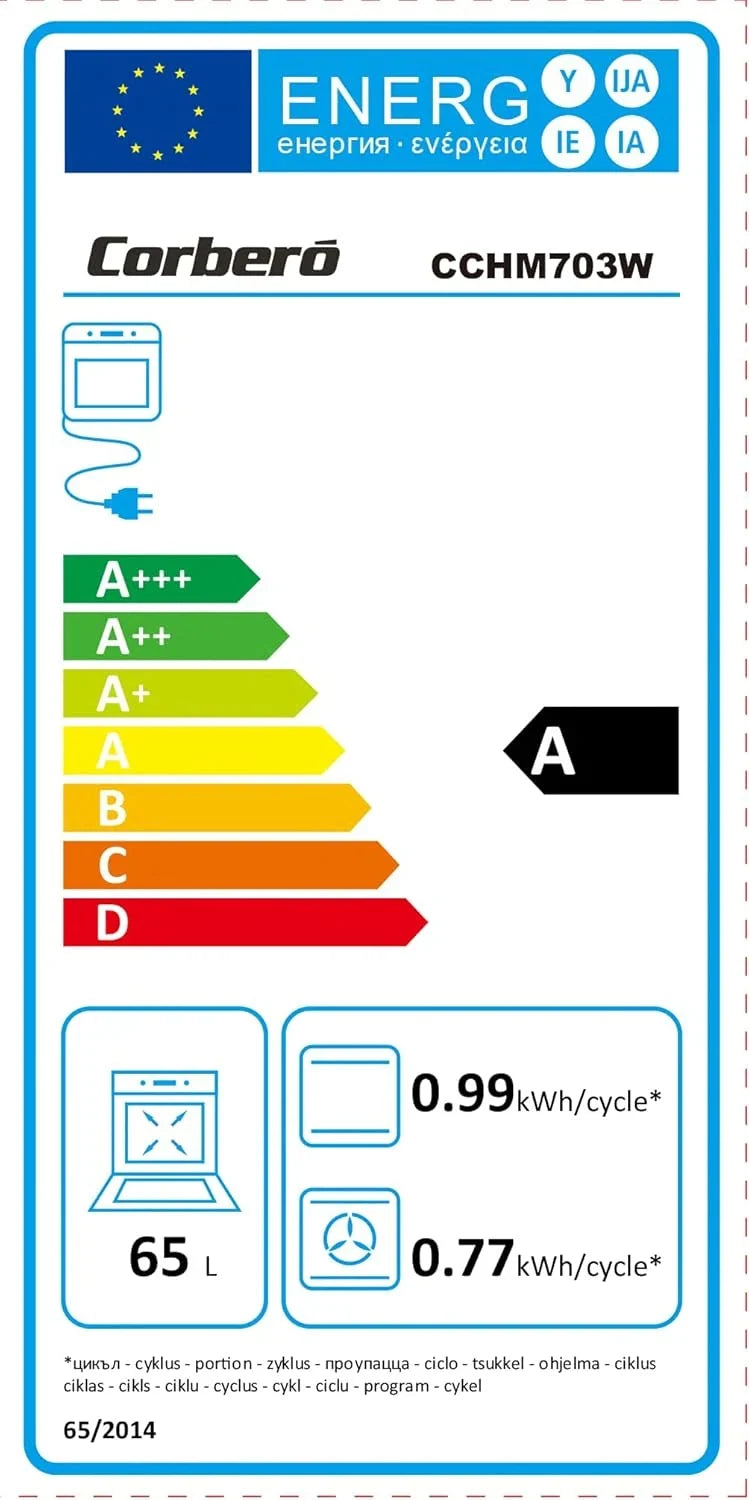 Corbero - Piekarnik wielofunkcyjny hydrolityczny 65 l | CCHM703W | Czyszczenie hydrolityczne | 8 programów | (dł.)59,5 x (szer.)59,5 x (wys.)57,5 cm | Oświetlenie wnętrza | Podwójne szklane drzwi | Moc 3000 W | Kolor biały z profilem inox
