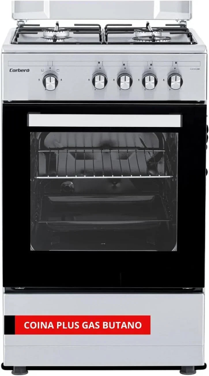 Corberó – Kuchnia gazowa na butan Plus | 50 cm | CCSF45020BX | 4 palniki | Piekarnik 43L z podwójnymi szklanymi drzwiami | Metalowa pokrywa | Chromowana taca i grill | Automatyczne wyłączanie bezpieczeństwa | Stal nierdzewna