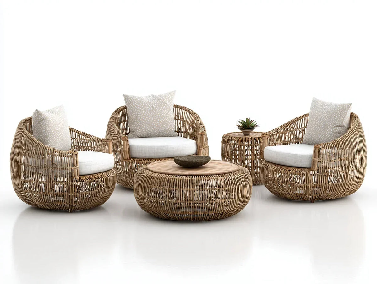 Sofy ogrodowe z naturalnego rattanu z beżowymi poduszkami i okrągłym stołem 180x80x75 cm - nowoczesny design do użytku zewnętrznego