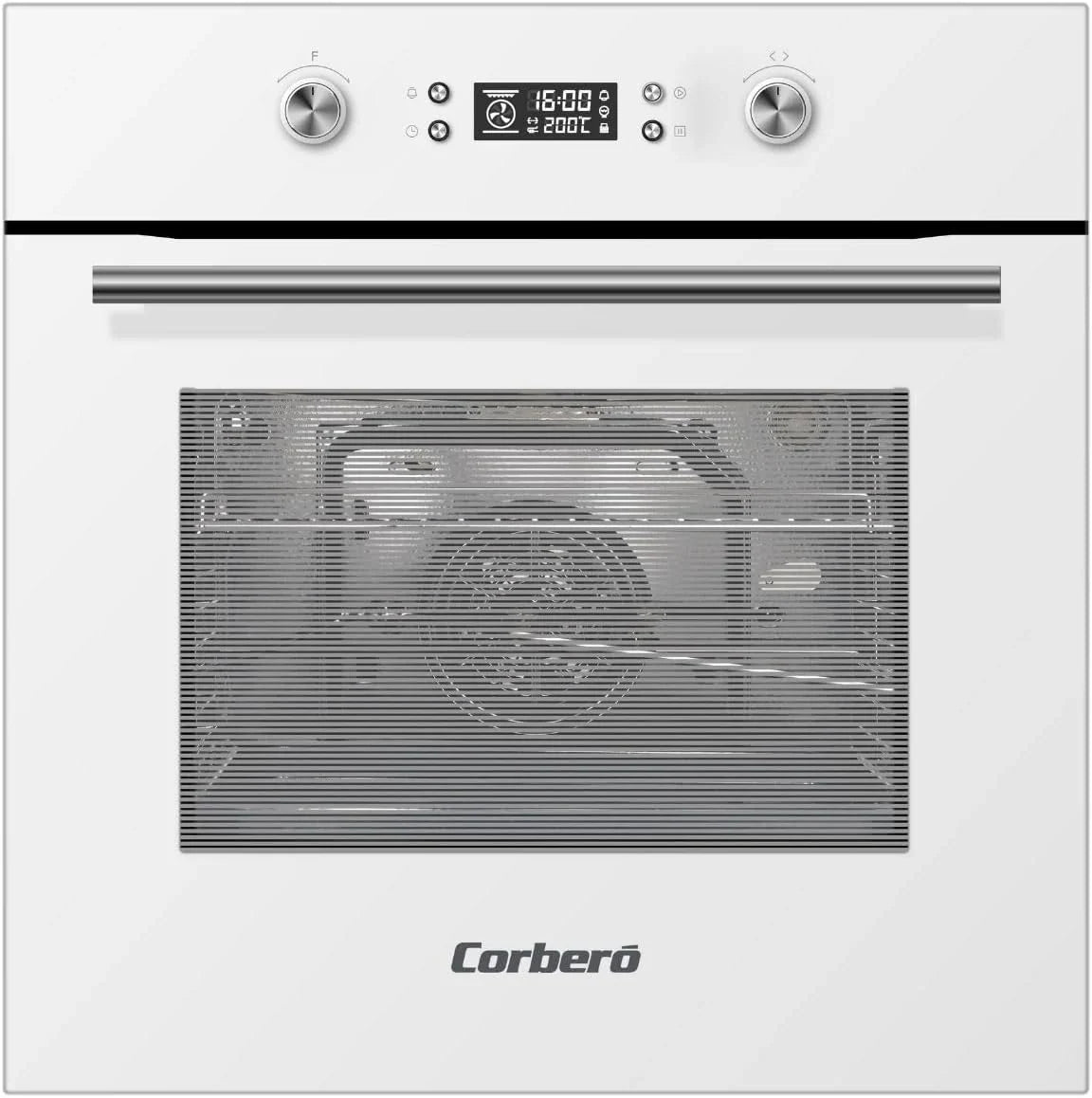Corberó - Piekarnik pirolityczny wielofunkcyjny 70L | CCHMP1033W | 59.5cm(dł.)x59.5cm(wys.)x57.5cm(gł.) | 3200W | Wyświetlacz cyfrowy | Chowane pokrętła | Podwójne szklane drzwi | Wysuwane prowadnice | 8 programów, Biały