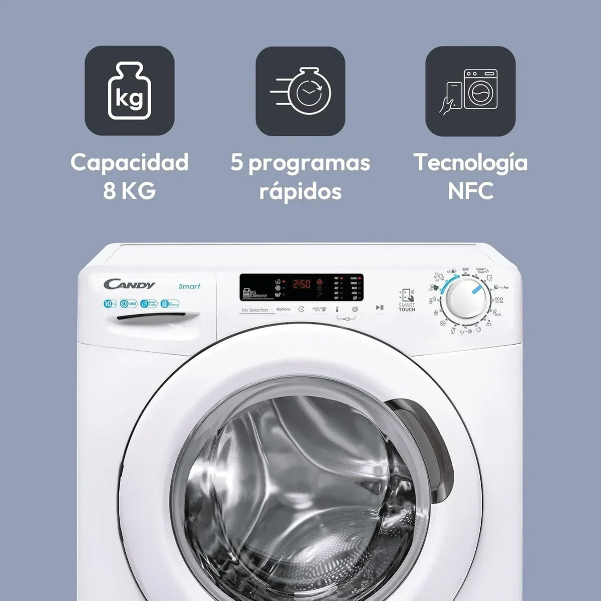 Candy Smart CS 14102DE/1-S, Pralka 10 kg, 1400 obr./min, Cyfrowy wyświetlacz i sterowanie, Technologia NFC, Asystent głosowy, 15 programów, 5 szybkich, Łatwe prasowanie, Opóźnienie startu 24H, Czujnik KG, 81 DB, Biała