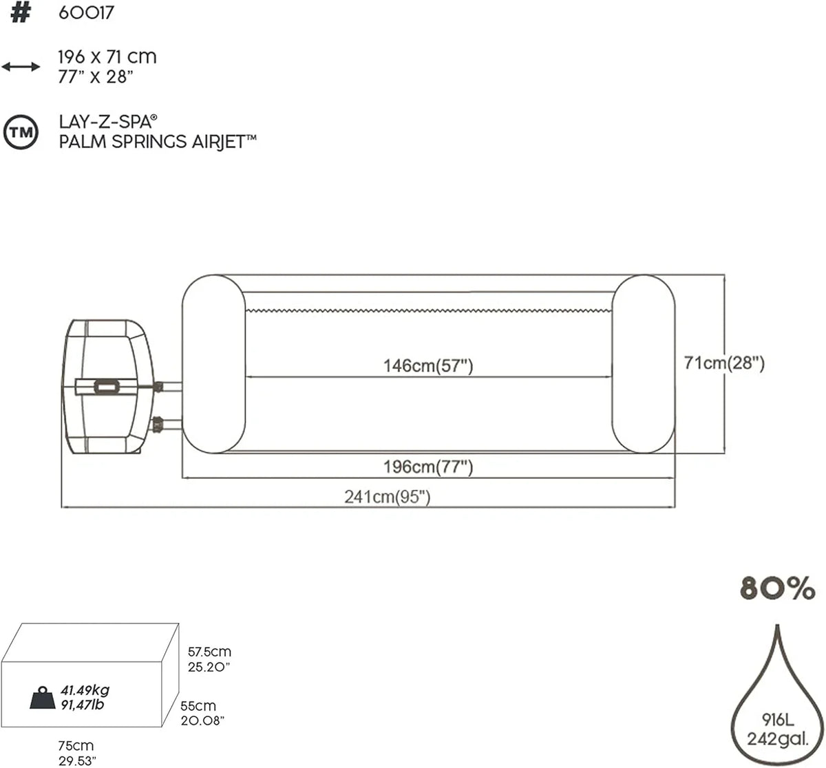 Bestway Lay-Z-SPA® 77" x 28"/1.96m x 71cm Palm Springs AirJet