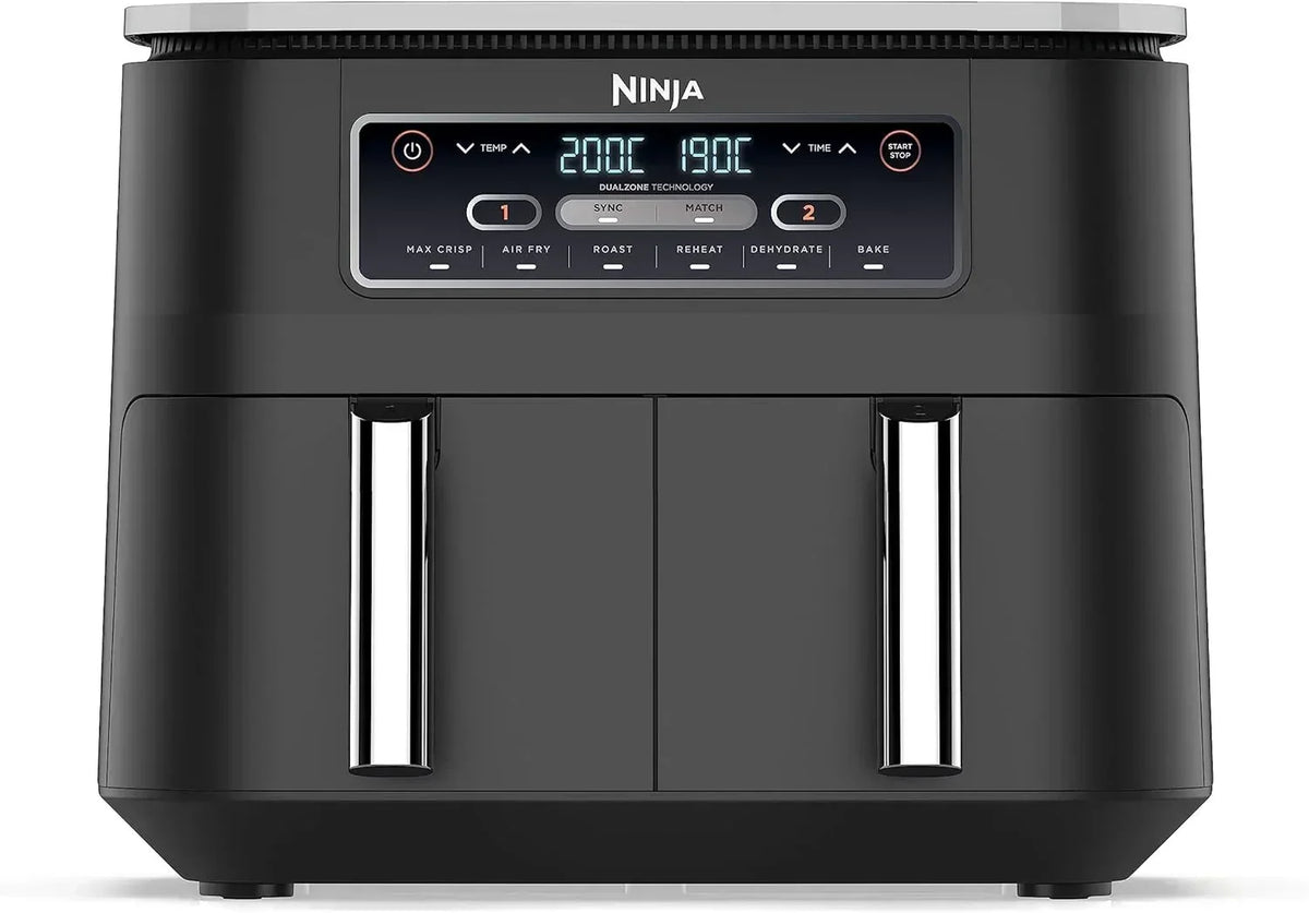 Beztłuszczowa frytkownica powietrzna Ninja MAX z podwójną komorą i 2 szufladami, 9,5 litra, beztłuszczowa, Air Fry, Max Crisp, pieczenie, opiekanie, odgrzewanie, suszenie, kosze z powłoką nieprzywierającą, Gold Stone, DZ400EUSTGD