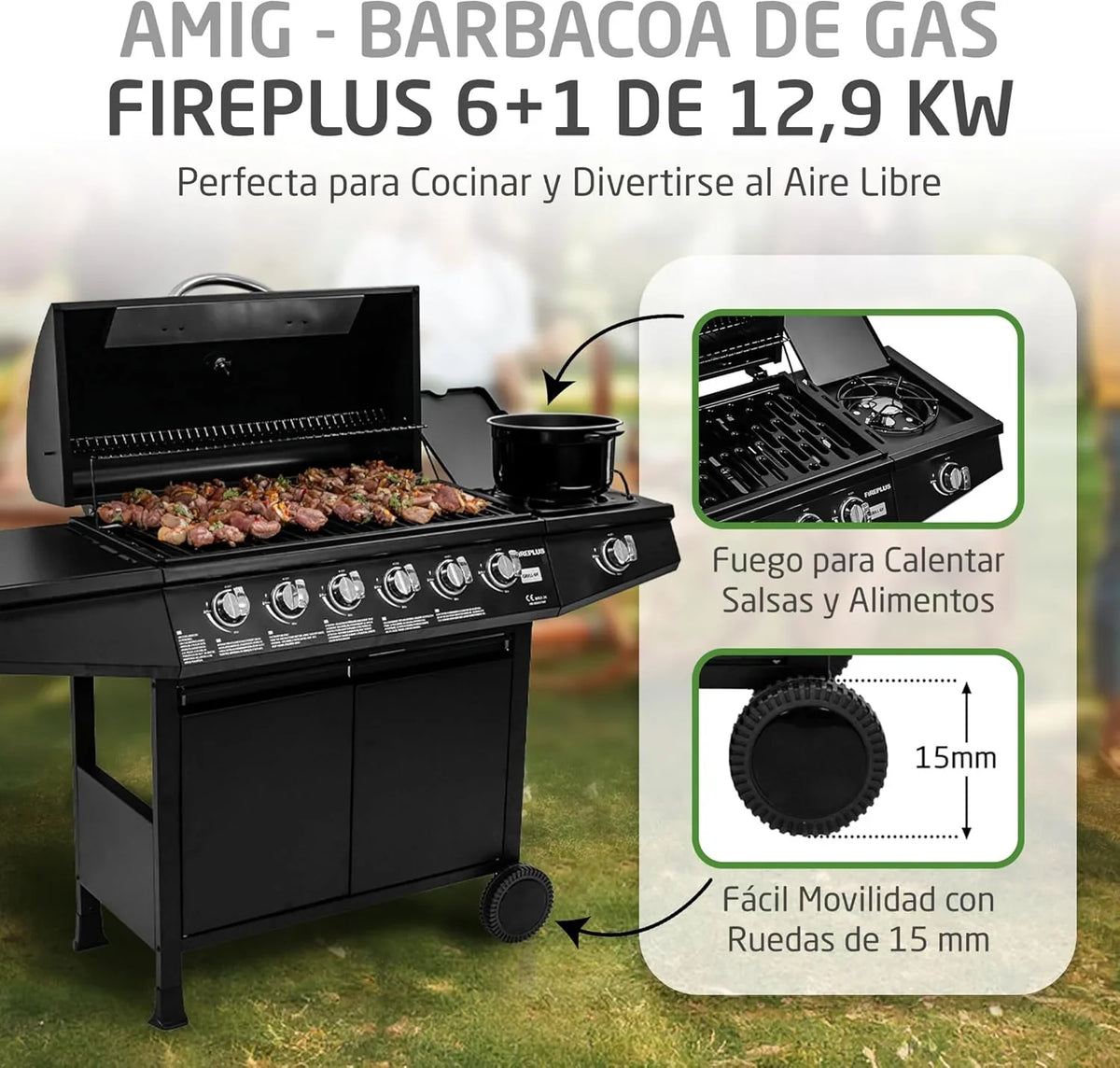 Grill gazowy Fireplus 6+1 12,9 kW – Stal nierdzewna Czarny – Grill na kółkach Model GRILL-6F – Grill XXL z wózkiem i termometrem – 138x52x103 cm – 7 palników i półka boczna