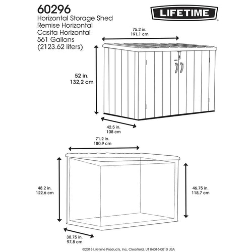 2026 Lifetime Caseta de almacenamiento horizontal 1,9 x 1,1 m – Capacidad 2407 l