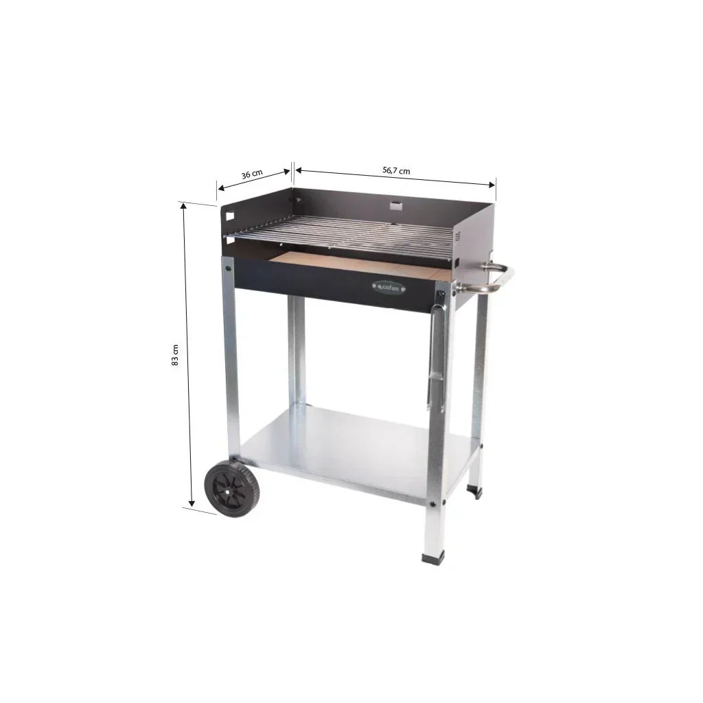 Cofan Grill węglowy na kółkach | Regulowany ruszt | Z cegłą szamotową i uchwytem bocznym | Łatwy transport | Duża powierzchnia grillowania | Wymiary: 56,7 x 36 x 83 cm