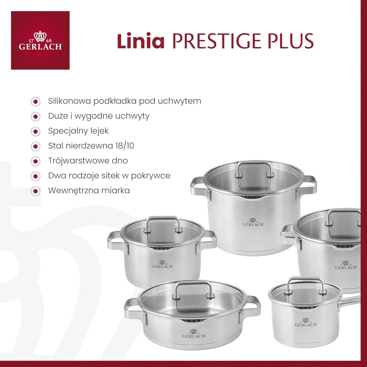 Gerlach Prestige Plus Zestaw Garnków, Srebrny, 10 El.