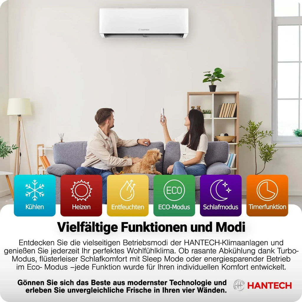 Klimatyzator ścienny HANTECH 12000 BTU H-PRO z funkcją grzania i chłodzenia, filtr powietrza, WIFI, materiały montażowe