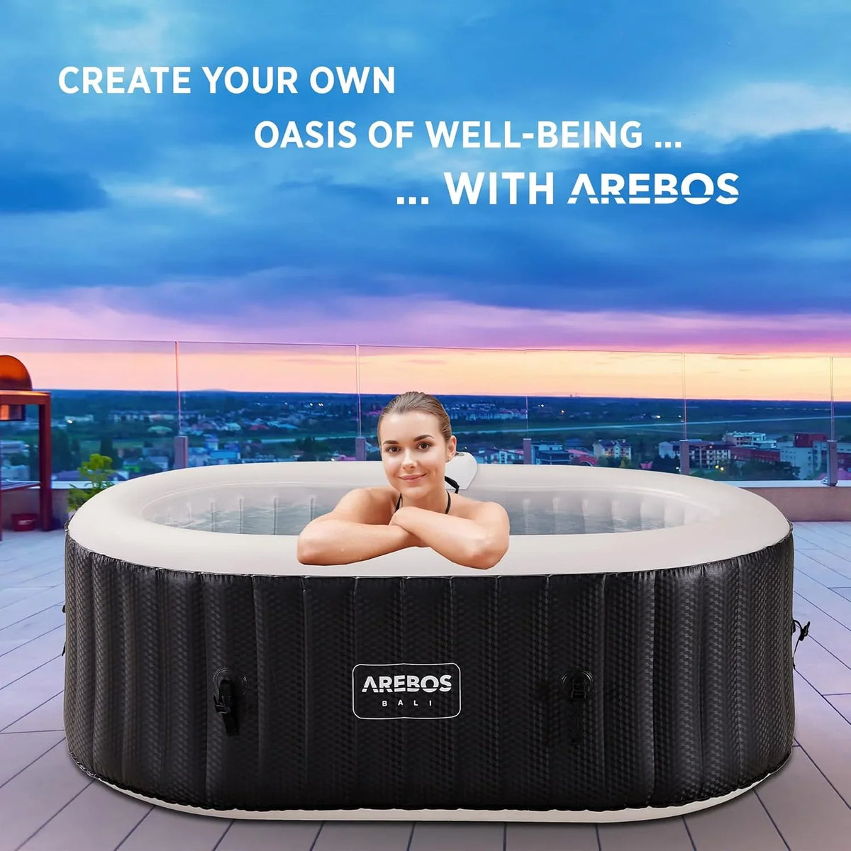 Arebos Wanna z hydromasażem z oświetleniem LED | Dmuchane SPA | Do użytku wewnętrznego i zewnętrznego | 190x120 cm owalna | 2 osoby | 90 dysz masujących | Z ogrzewaniem | 550 litrów | W zestawie pokrywa
