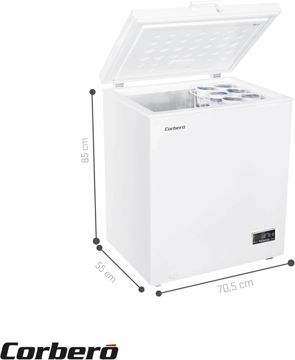 Corbero - Zamrażarka skrzyniowa 142L | CCHH15024E | Elektroniczne sterowanie z wyświetlaczem | Oświetlenie LED | Uchwyt | 1 kosz wewnętrzny | 2 kółka | 2 regulowane nóżki | 40 dB | Klasa energetyczna E | Biała