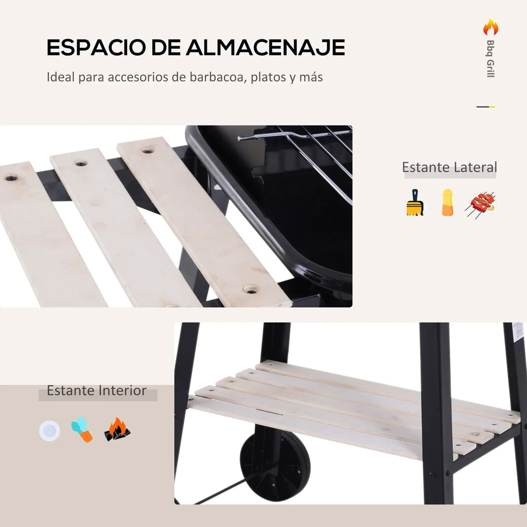 Grill Węglowy BBQ Z Kółkami I Półką Outsunny 83x37x87cm Czarny