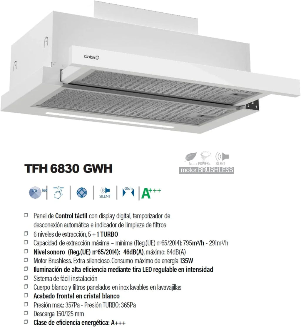 Okap Cata TFH 6830 GWH 6 Poziomów mocy Panel sterowania dotykowy Poziom hałasu 46 dB Wyjątkowo cichy silnik Oświetlenie LED Wnętrze osłonięte Łatwe czyszczenie Szerokość 60 cm Kolor biały