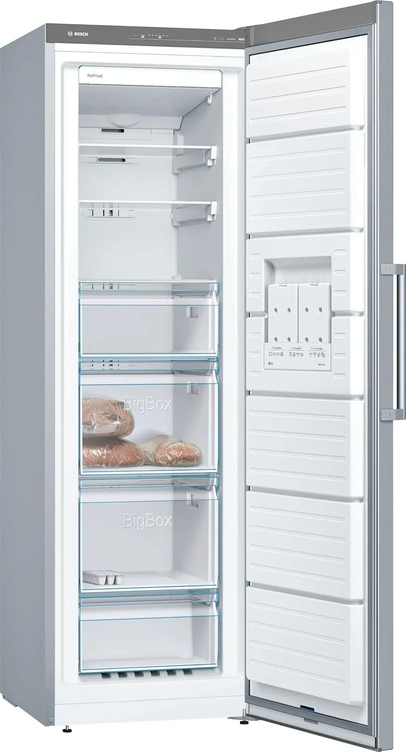 Bosch - Zamrażarka pionowa NoFrost, Seria 4, wys. 186 x szer. 60 cm, 242 L, szuflady BigBox na duże produkty, system MultiAirflow, stal szlachetna, GSN29VIEP