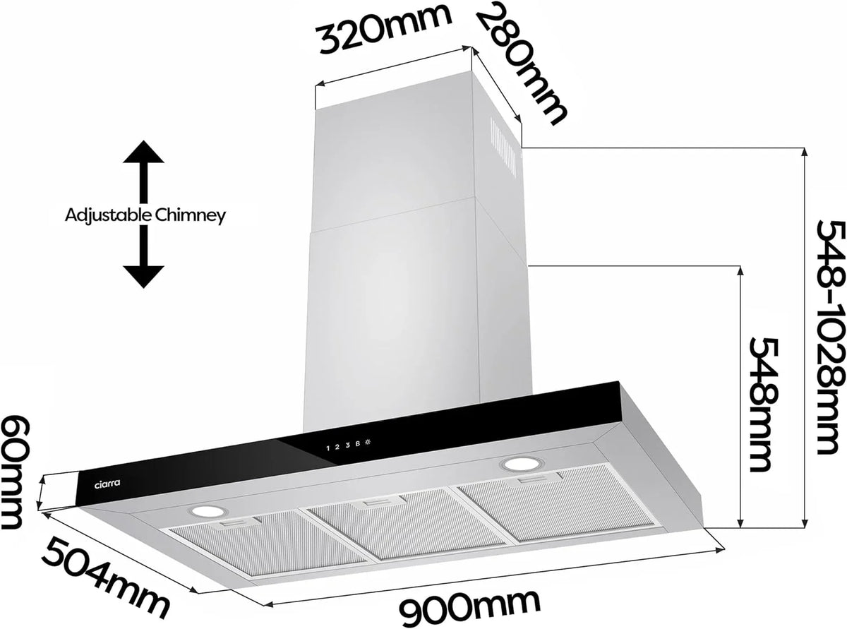CIARRA CBCS9102 Okap Kuchenny 90 cm Klasa A+++ 650 m³/h Sterowanie WIFI Dotykowe 4 Prędkości Wyrzut Zewnętrzny i Recyrkulacja Wewnętrzna przez Filtr Węglowy CBCF003