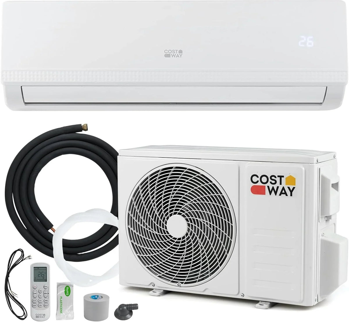 COSTWAY Klimatyzator Split, 2,6 kW, Klimatyzator z Funkcją Grzania z Pompą Ciepła, Czynnik Chłodniczy: R32, Ogrzewanie i Chłodzenie z Zestawem Instalacyjnym do Pomieszczeń do 70m³ (9000BTU)