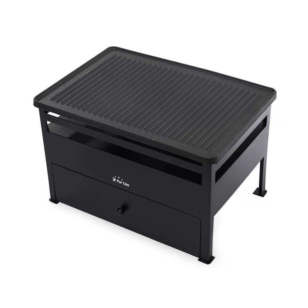 Grill etanolowy 1,5 l, czerwona stal i prostokątny żeliwny ruszt