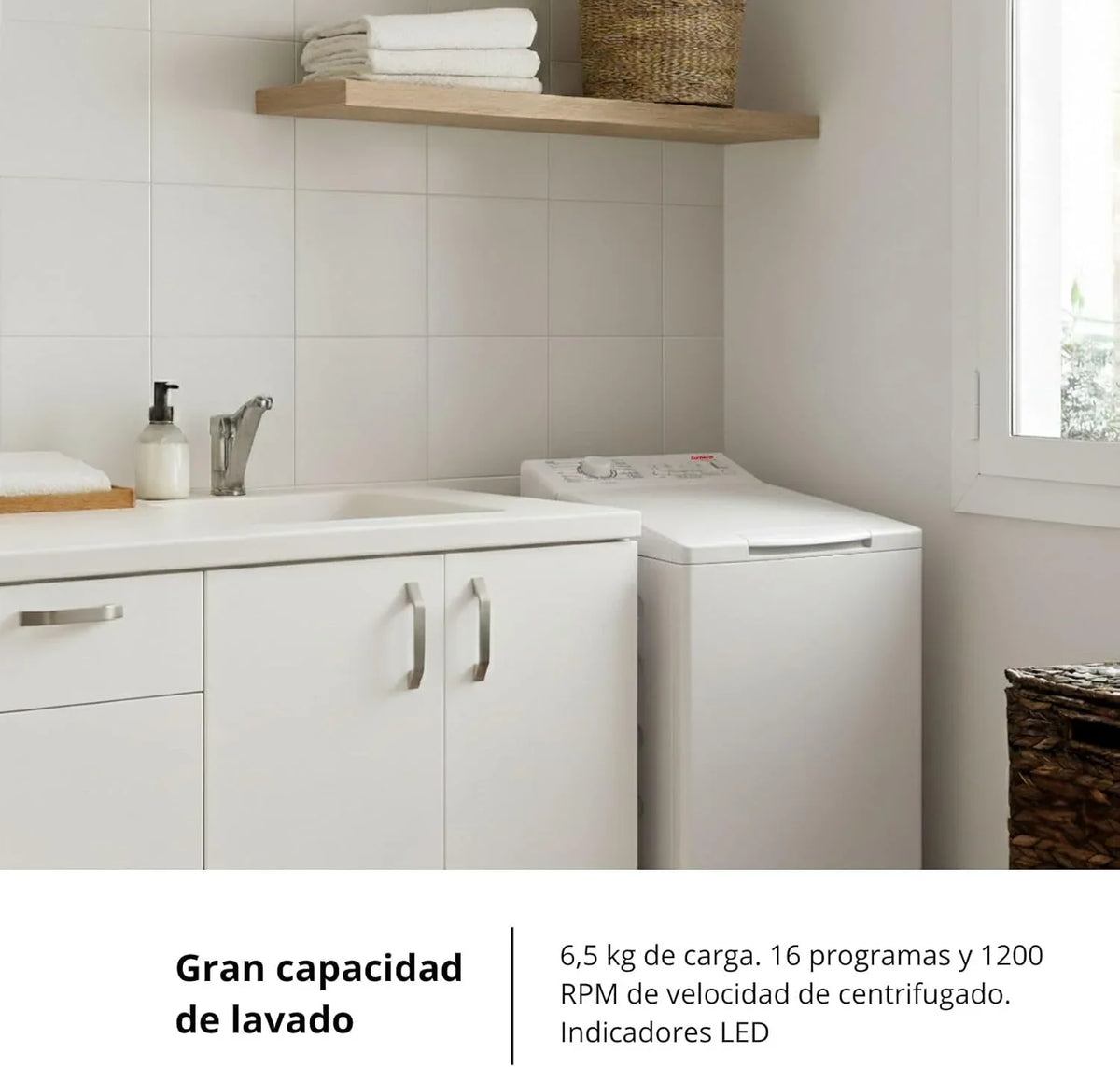 Corberó - Pralka Ładowana Od Góry 6.5kg| CLACSM6524 | 1200 obr/min | 16 Programów, Funkcja Pary, ECO, Czyszczenie bębna| Opóźniony start| Szybkie pranie | Łatwe prasowanie | Wskaźniki LED | Biała